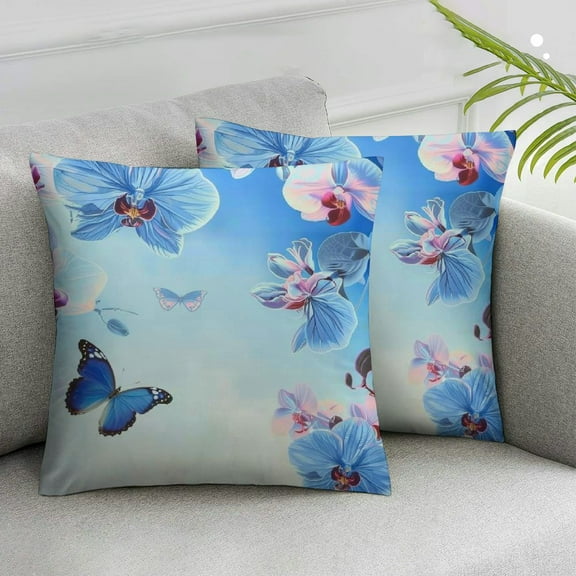 Nawypu Orchid Throw Pillow Cover Flowers Beautiful Butterflies Luxury Solid Soft Pillow Covers Decorative Cushion Case for Sofa Couch Bed Blue 2pcs 12x12in