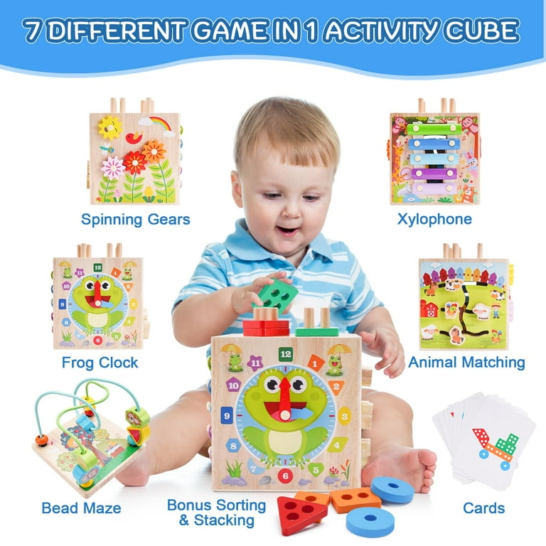 Wooden Activity Cube Montessori Toys for Year Old Toddlers