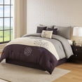 thumbnail image 6 of Benjara 7 Piece King Polyester Comforter Set with Leaf Embroidery- Gray & Purple, 6 of 7