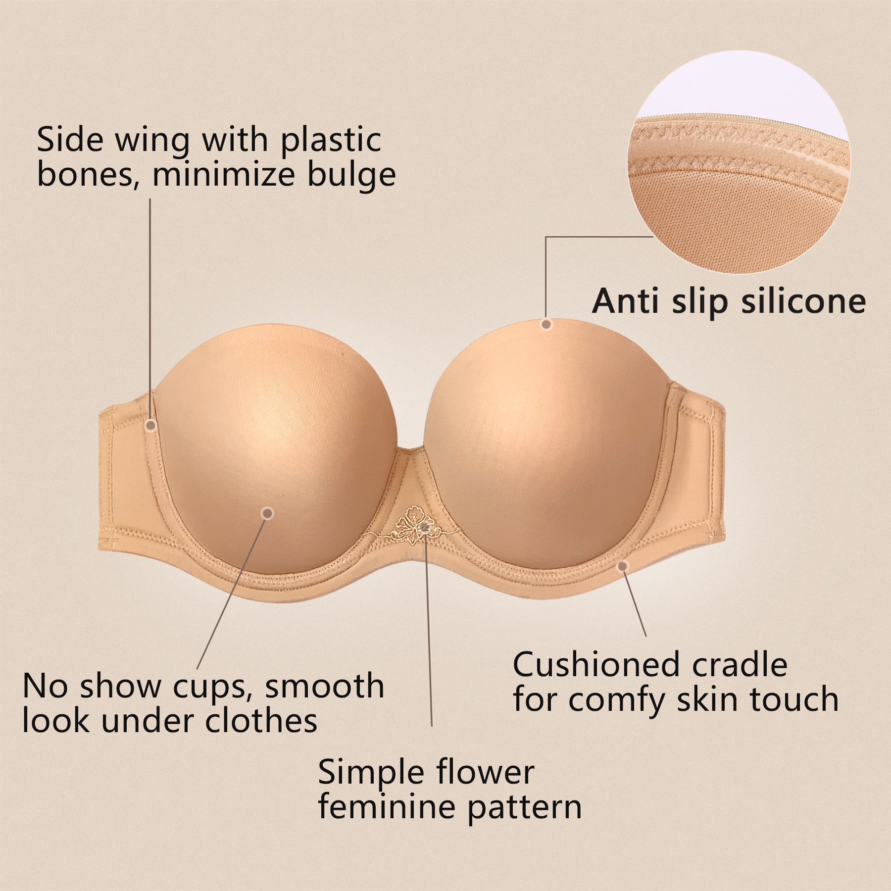 Exerin Women's Strapless Bras Full Coverage Underwire Multiway Convertible Plus Size Bra(36DD,Pecan)