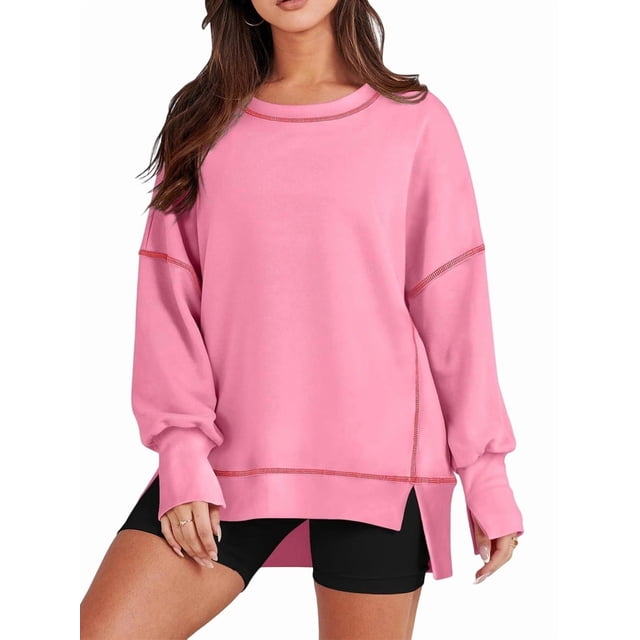 Sudadera Informal de Cuello Redondo para Mujer, de Larga, Holgada, , con Costuras en Contraste, para Otoño. Rosa S