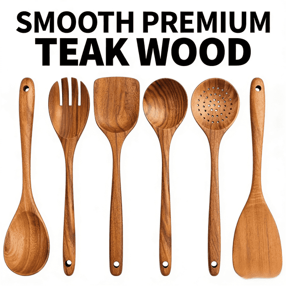 LSFA Wooden Kitchen Utensil Set, 6-Piece Wooden Cooking Spoons and Serving Spoons for Nonstick Cookware