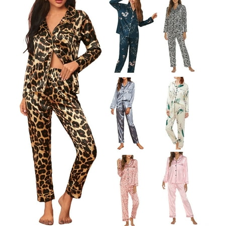 

Mieeyali Women 2pcs Satin Pajamas Set Long Sleeve Button Up Shirt and Casual Loose Elastic Pants Sleepwear Loungewear