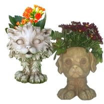 Homestyles 12 in. "Scruffy" the Cat & "Muttley" the Dog Muggly Animal Face Statue Planter Pot