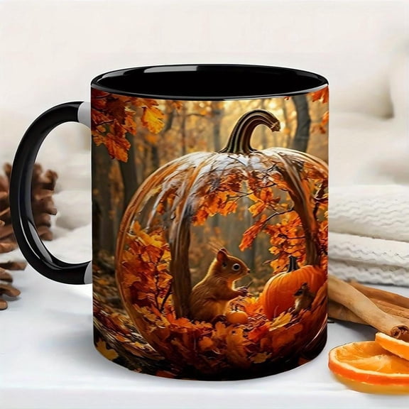 1pc 11oz Coffee Mug with Pumpkin Squirrel Fall Leaves Design Autumn Forest Theme Warm Brown Orange Yellow Green Colors Dishwasher Cup Hot Cold Drinks