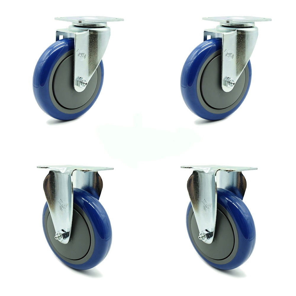 Set of 4 Plate Casters 2 Swivel 2 Rigid with 8" Blue Polyurethane Wheels 