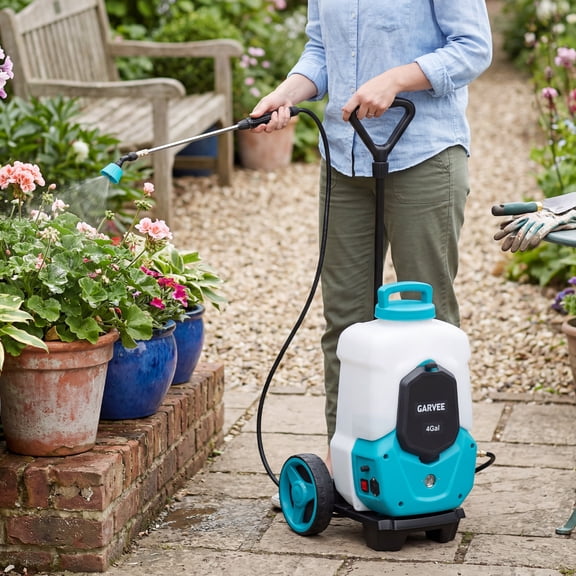 GIMMYFIVE 4 Gallon Electric Battery Backpack Sprayer with Wheeled Cart, 12V 8Ah Rechargeable, 0-90 PSI Adjustable, 6 Nozzles, 2 Wands, Garden Sprayer
