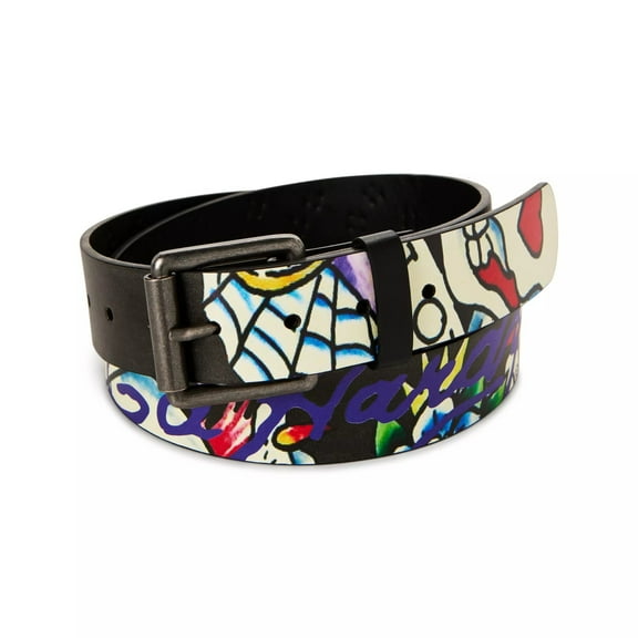 Ed Hardy Men's Skull in Love Print Black Belt With Rivet Studs (40, Black)