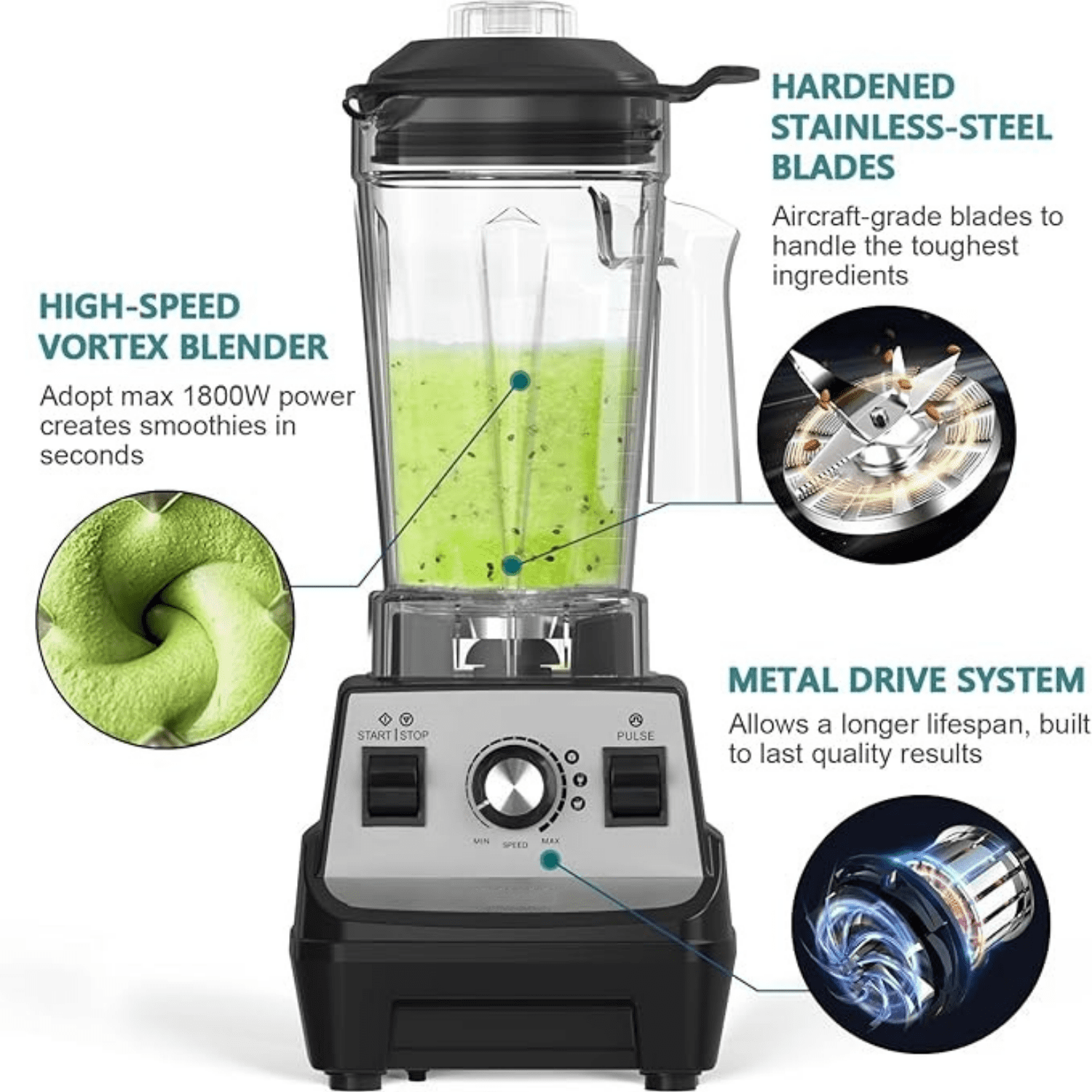 1800W, Professional High Speed Countertop Blender with Stainless Steel Blades, 60oz Jar for Shakes and Smoothies, Ice and Fruits, Dishwasher