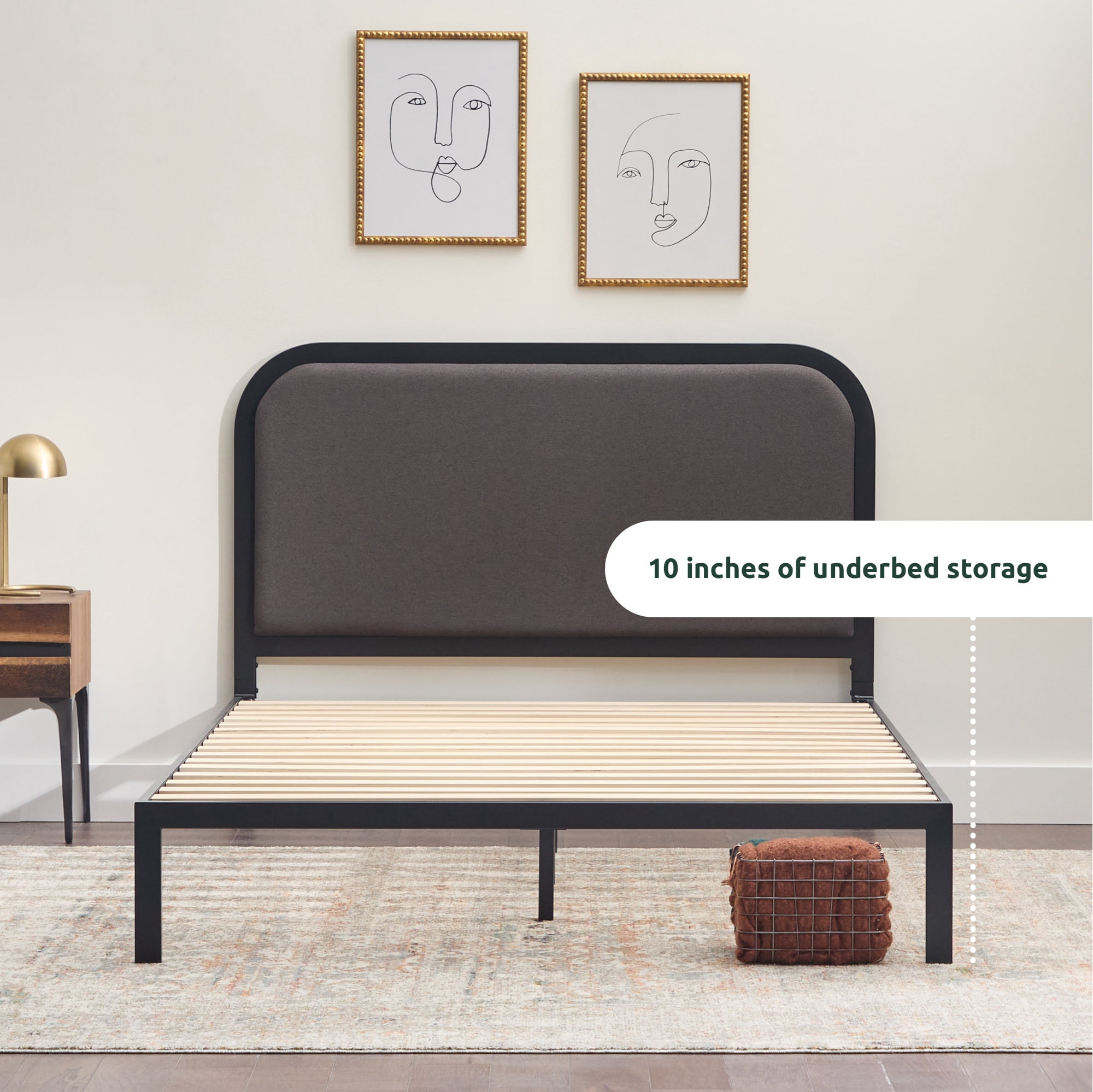 Rest Haven Salem Metal Platform Bed with Rounded Upholstered Headboard, Queen, Charcoal