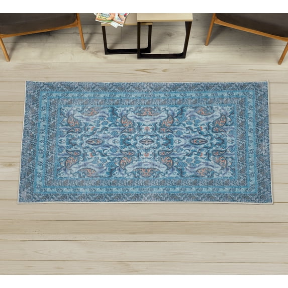 Eastern Decorative Rug, Oriental Culture Pattern of Paisley Bloom Flowers and Bohemian Leaves, Quality Carpet for Bedroom Dorm and Living Room, 6 Sizes, Pale Sky, by Ambesonne