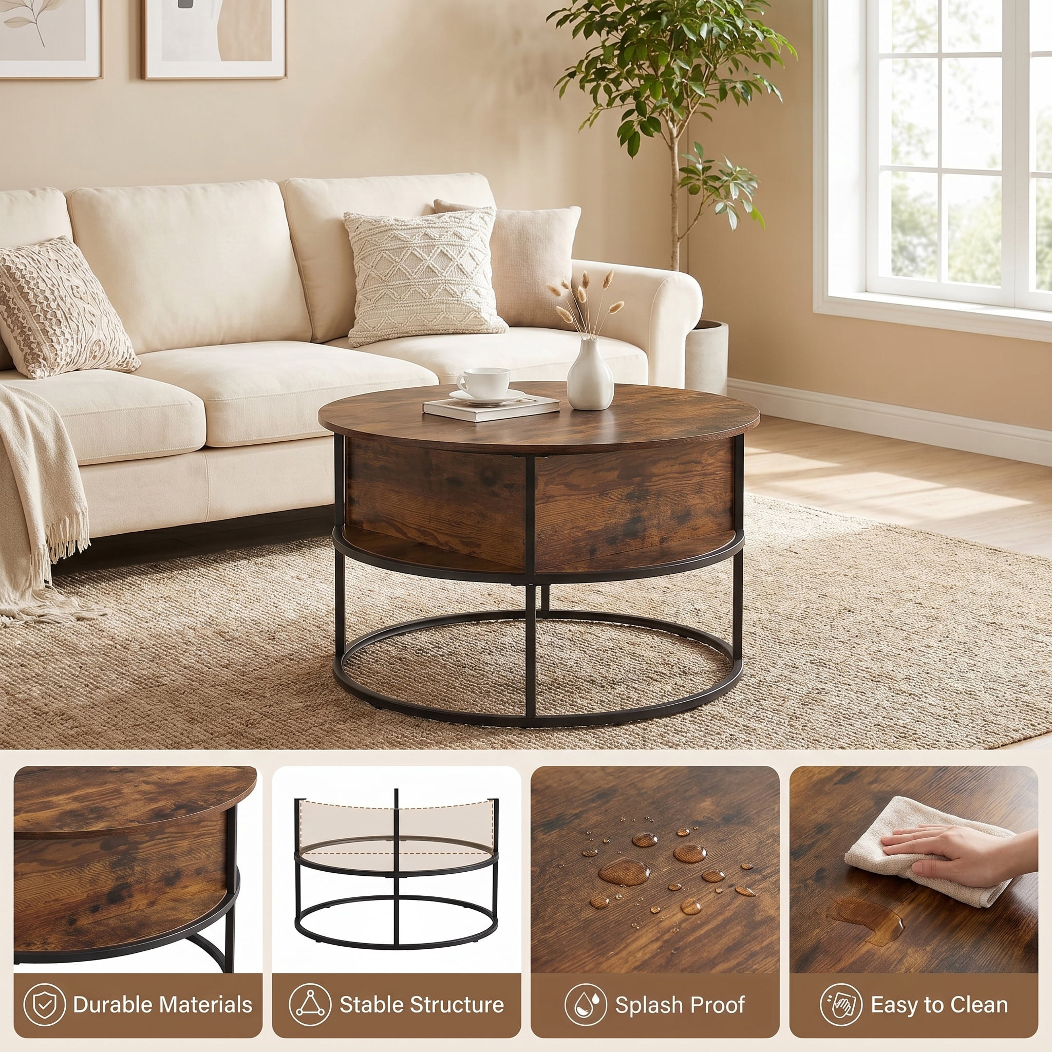 Cenovo Round Lift-Top Coffee Table with Hidden Storage and Open Shelf Modern Farmhouse Center Table for Living Room,Burnt Walnut