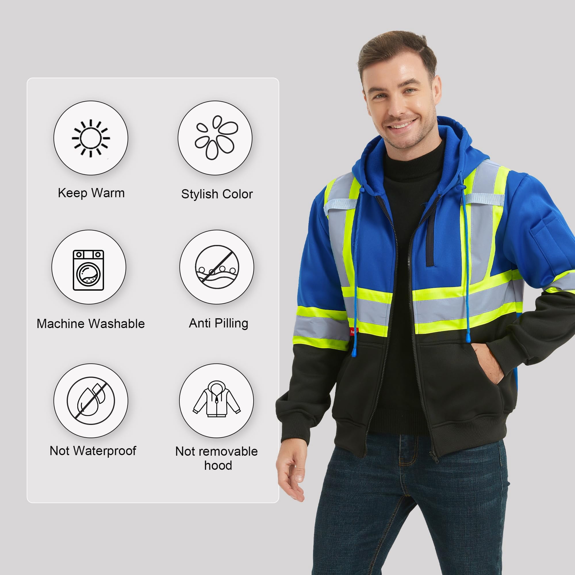 ProtectX High Visibility Safety Sweatshirt for Women Men, Class 3 Hi Vis Hoodie with large Pocket, Hooded Full-Zip Reflective Sweatshirt for Work & Construction, Blue, Large