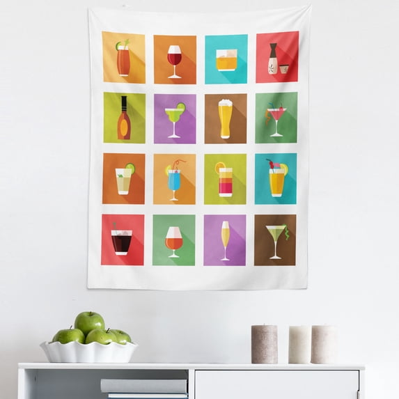 Alcohol Tapestry, Modern Graphic Composition of Alcoholic Beverages Hard Liquors in Square Tile Print, Fabric Wall Hanging Decor for Bedroom Living Room Dorm, 5 Sizes, Multicolor, by Ambesonne
