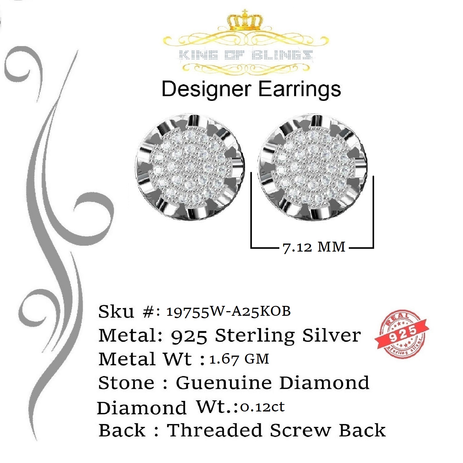 King of Bling's 925 Sterling Silver 0.12ct Diamond For Women's/ Men's White Stud Round Earrings
