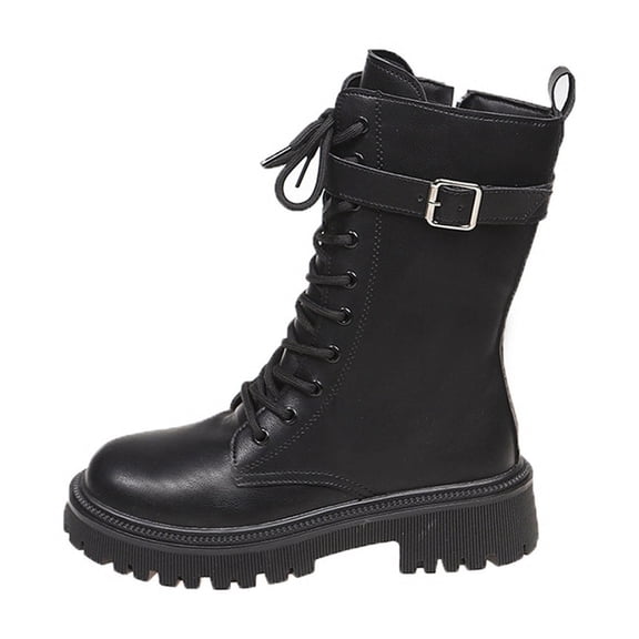 Women's Martin Boots Round Toe Front Lace-Up Side Zipper Chunky Heel Mid-Calf Combat Boots