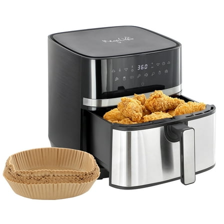MegaChef 8.5 Quart Bundle Electric Air Fryer in Black and Stainless Steel with 125 Piece Paper Liners