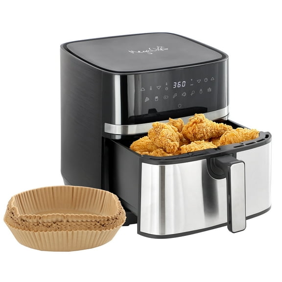 MegaChef 8.5 Quart Bundle Electric Air Fryer in Black and Stainless Steel with 125 Piece Paper Liners