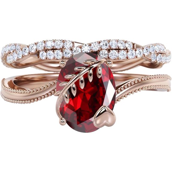 Divine Creation Women's 2.15 Ct Oval Cut Red Garnet Christmas Thanksgiving Engagement Bridal Ring Set 14K Rose Gold Plated 925 Sterling Silver -5