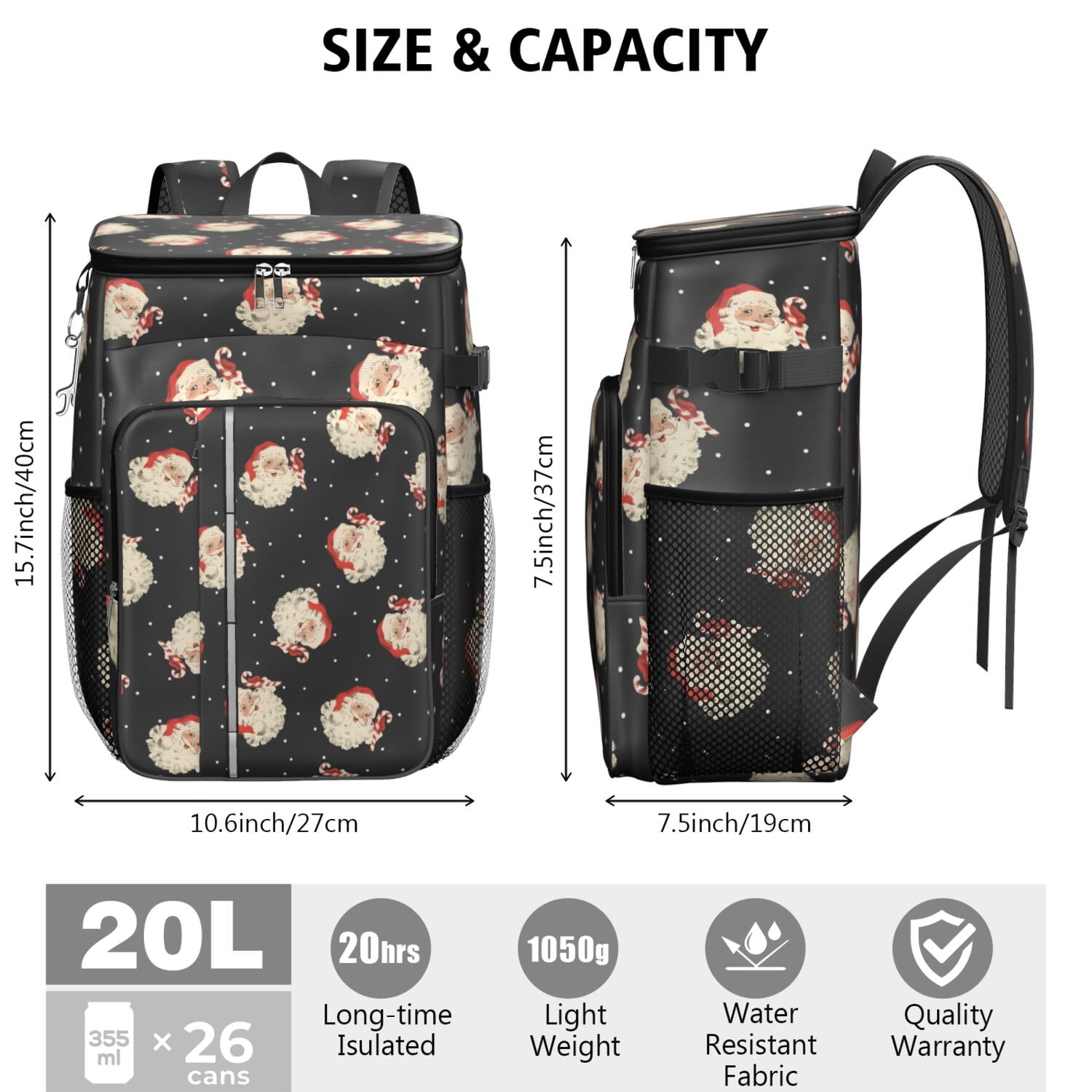Travel Cooler Bag - Black Christmas Santa Pattern Camping Beer Cooler Backpack with Bottle Opener- Waterproof Insulated Picnic Backpacks - Cooler Bag for Beach
