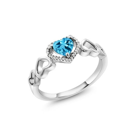 - 10K White Gold 0.76 Ct Heart Shape Swiss Blue Topaz with Diamond Accent Ring
