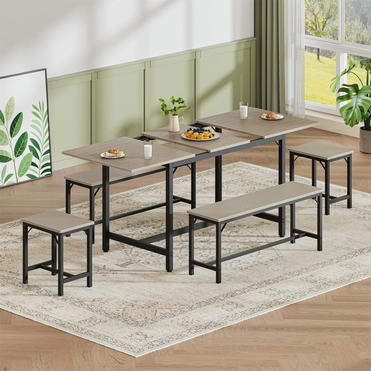 Hommoo 63" Expandable Dining Table Set for 4-8 People, Modern Extendable Kitchen Table with 2 Benches & 2 Stools, Wood Top & Metal Frame, Easy Assembly, Grey