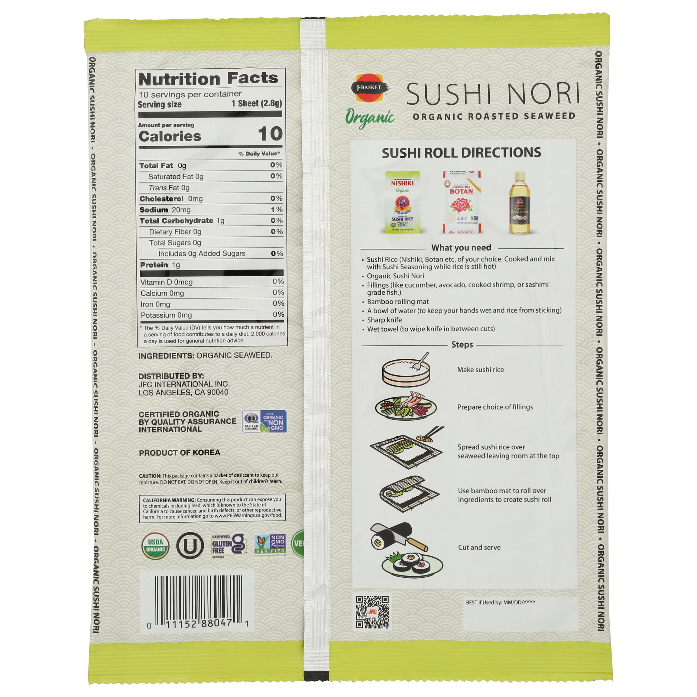 J-Basket Sushi Nori Organic Roasted Seaweed 10 Sheets 1 oz