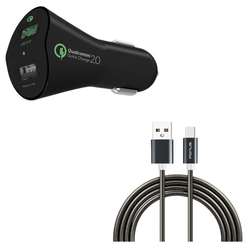 2-Port USB 30W Fast Car Charger w Type-C 3ft Metal USB Cable M7K for ...