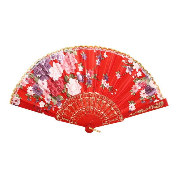 Folding Hand Fan for Women - Foldable Chinese Japanese Vintage Bamboo Silk Fan - for Hot Flash, Church, EDM, Music Festival, Party, Dance, Performance, Decoration, Gift (Red Sakura)