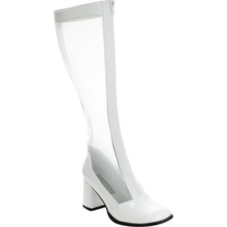 Womens White Knee High Boots Mesh Go Go Boots Zipper Stretch Block 3 Inch Heels