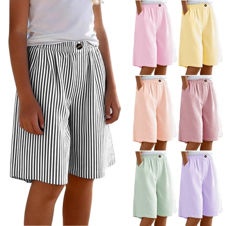HAOTAGS Girls Shorts Casual Striped Breathable Button Front Knee-Length Shorts Pink 11