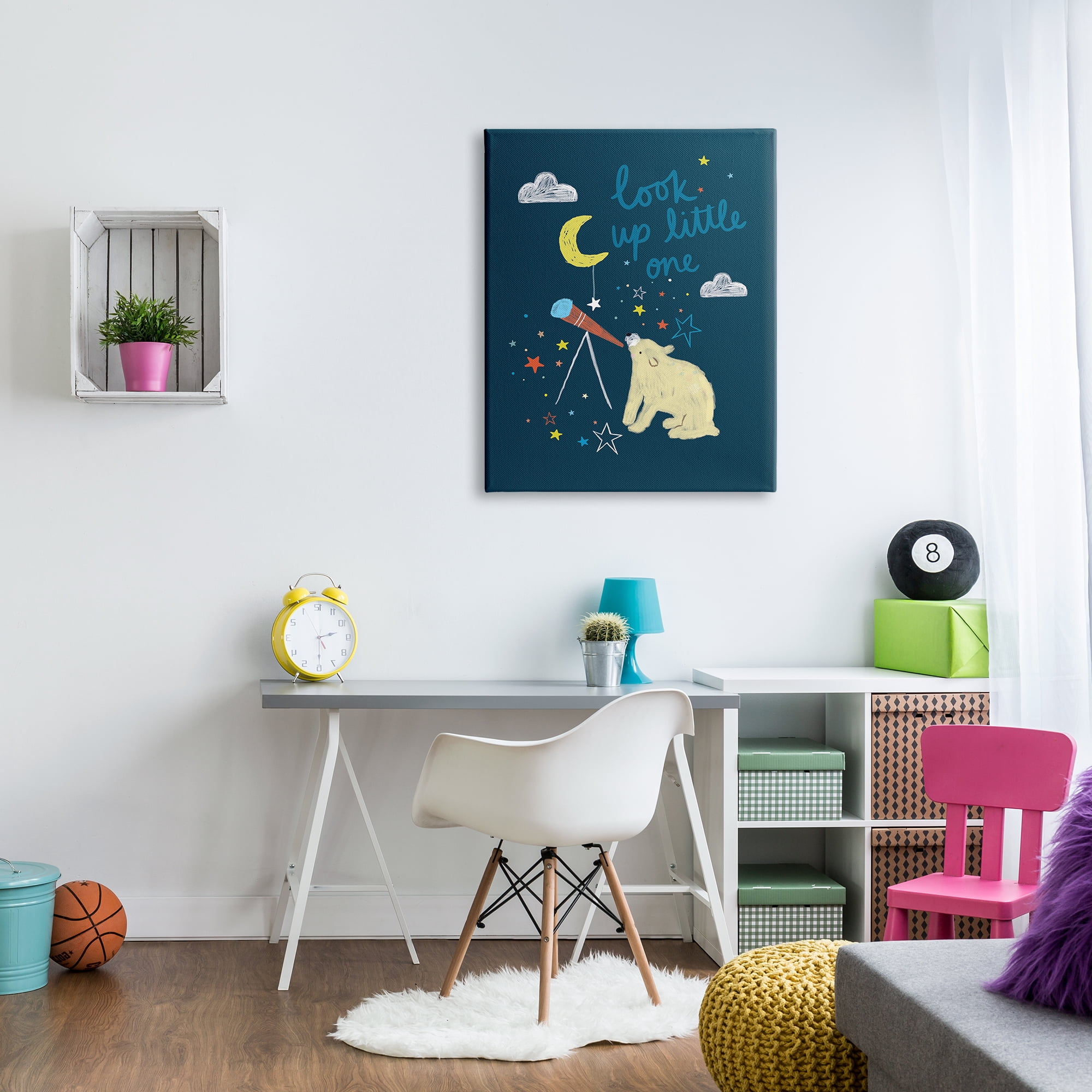 Stupell Industries Look Up Little One Phrase Kid's Telescope Bear Cabin Painting Gallery-Wrapped Canvas Print Wall Art, 30 x 40, Design by Linda Birtel
