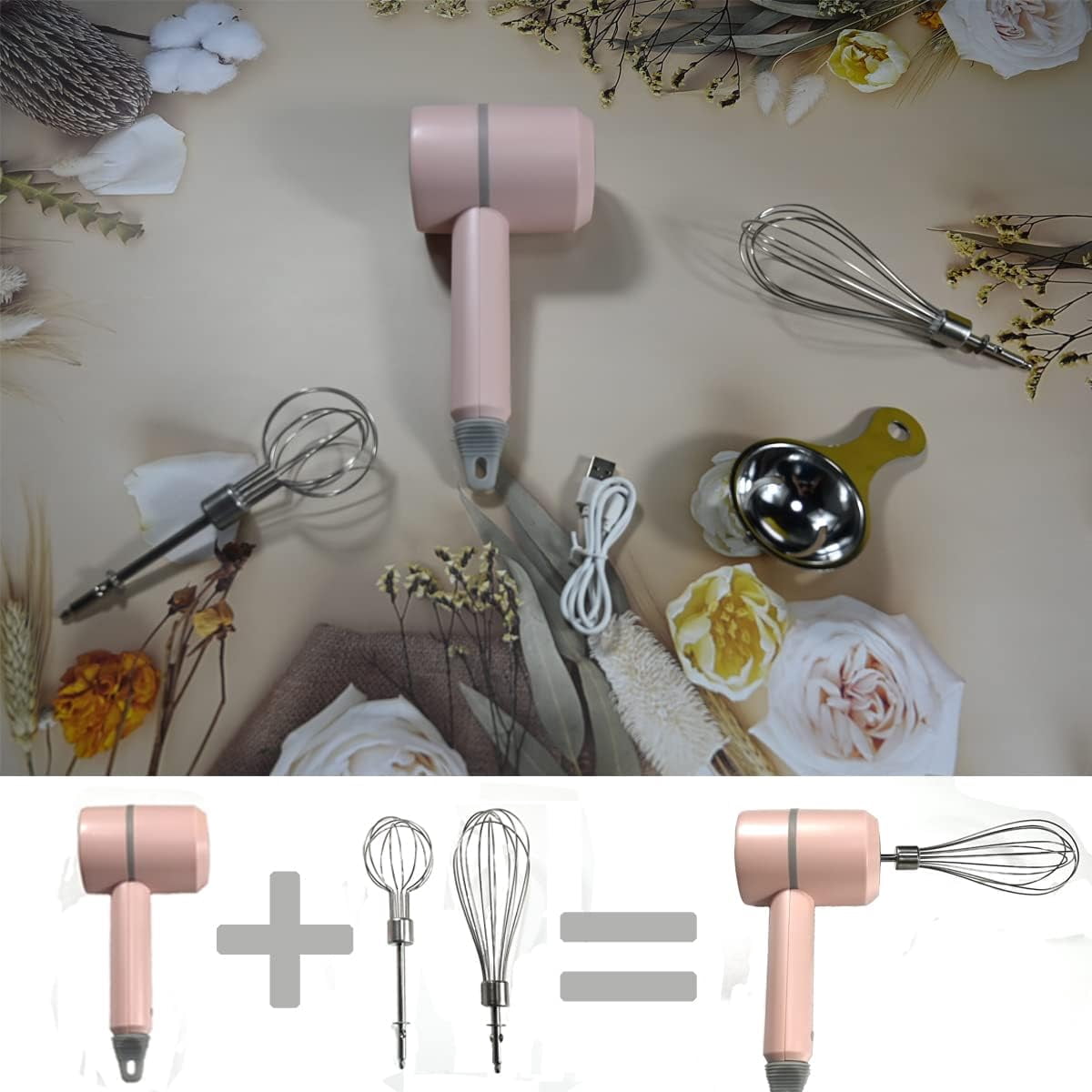 Hand Mixer, Portable Electric Cordless Handheld 3-speed Usb Rechargeable withTwin Mixer Whips and Egg Separator for Whipping or Mixing Eggs, Butter, Cream,Kitchen Baking Cooking (Pink)