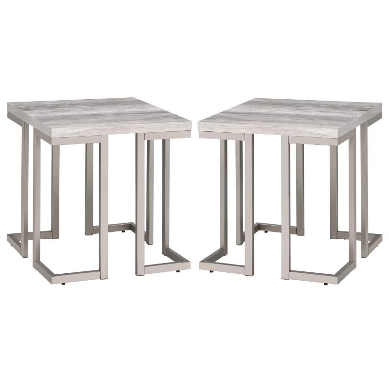 Home Square Driftwood Top Metal Pewter End Table in Gray Set of 2