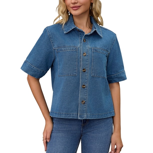 CHAQUETA DE MEZCLILLA DE MUJER DE MANGA CORTA INSPIRE CHIC, CAMISA CUADRADA, CHAQUETAS DE JEAN CASUAL M AZUL