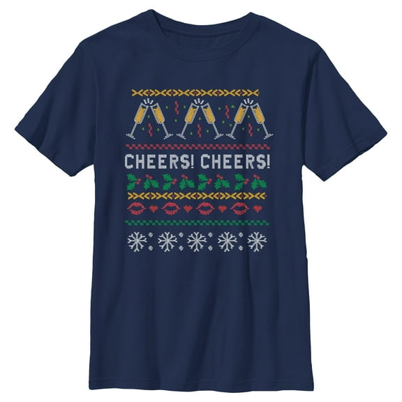 Boy's CHIN UP Ugly Christmas Cheers  Graphic Tee Navy Blue Large