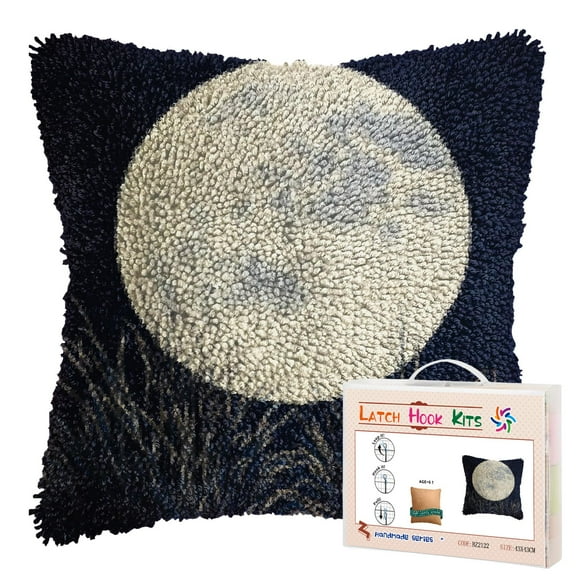 DIY Latch Hook Pillow Kits Black White Full Moon Grassland Printed Pillowcase Crochet Yarns Hooking Handmade Pillow Cover Cushion for Home Sofa Decoration 17x17inch-2