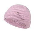 thumbnail image 2 of Unisex Fashion Ribbed Knit Cuff Beanie Hat, Metal Ring Pin Decor Slouchy Cap Winter Vintage Holey Streetwear Hat Light pink One Size, 2 of 3