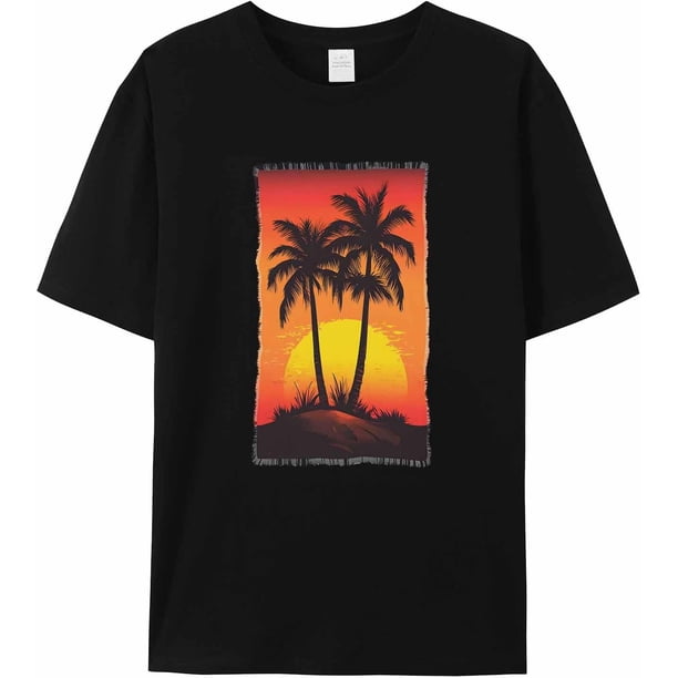 Camisetas para hombre, camisetas gráficas de manga corta, camiseta informal de cuello redondo con palmeras y atardecer de verano