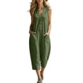 thumbnail image 3 of Lcziwo Button Down Jumpsuit for Women V Neck Wide Leg Solid Capri Overalls Cotton Sleeveless Loose Summer Outfits with Pockets 2026 Army Green,XL, 3 of 7