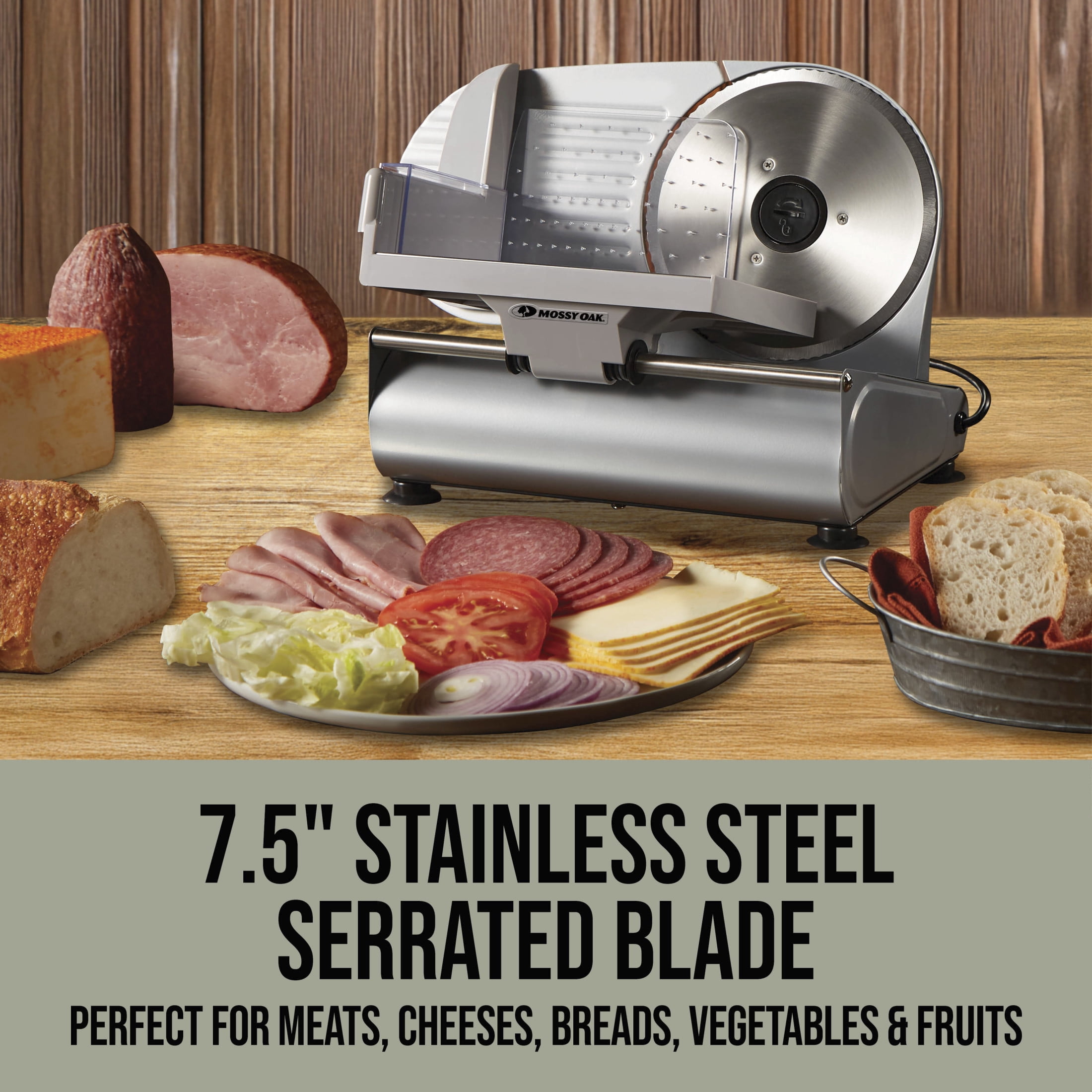 Mossy Oak 7.5 in. Stainless Steel Electric Meat Slicer, Adjustable Slice Thickness, with Food Pusher