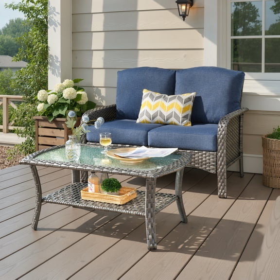 Ovios 2 Pieces Outdoor Patio Furniture High Back Wicker Rattan Outdoor Sectionals Set with Table for Backyard Balcony
