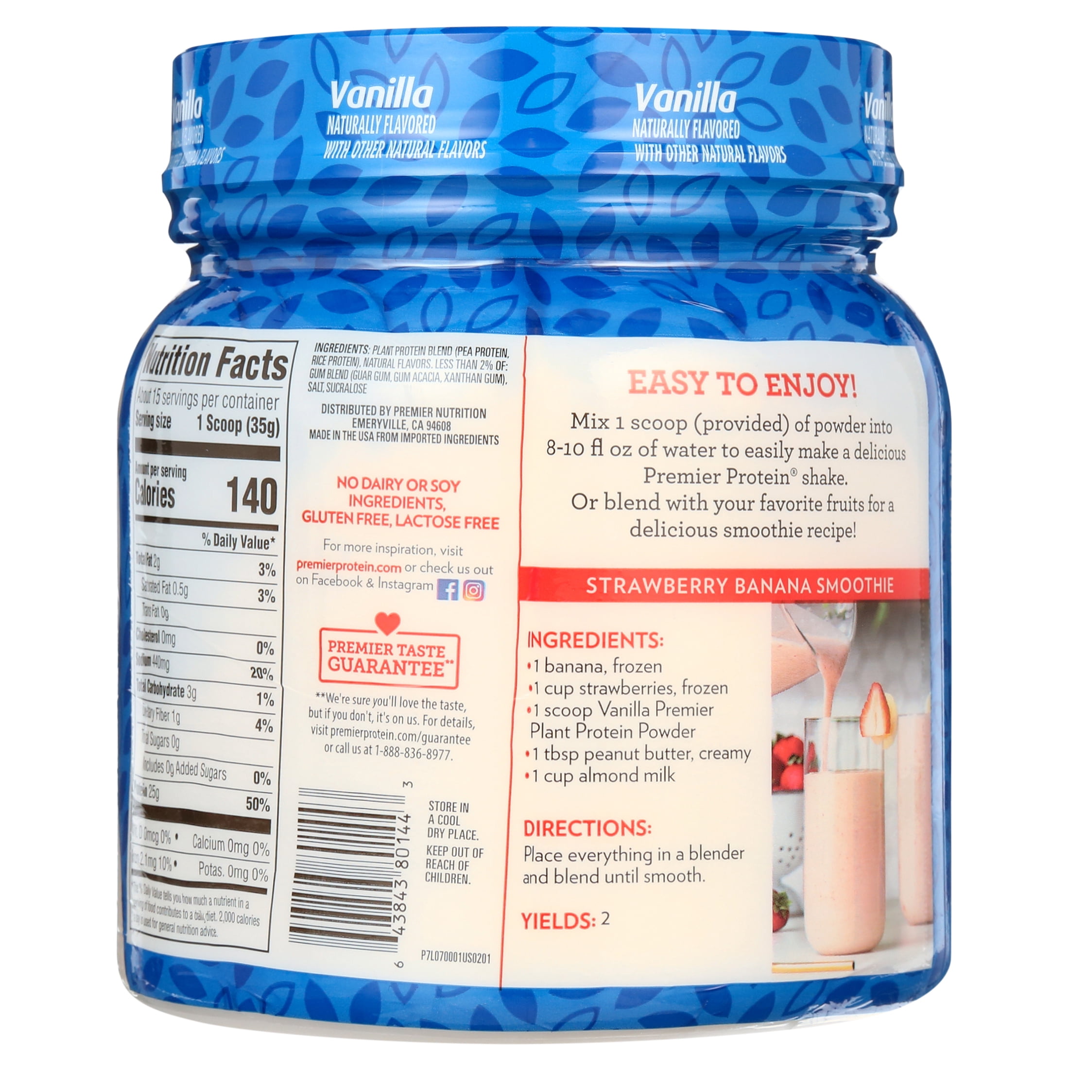 Premier Protein Powder Plant Protein, Vanilla, 25g Plant-Based Protein, 0g Sugar, Gluten Free, No Soy or Dairy Ingredients, 15 Servings