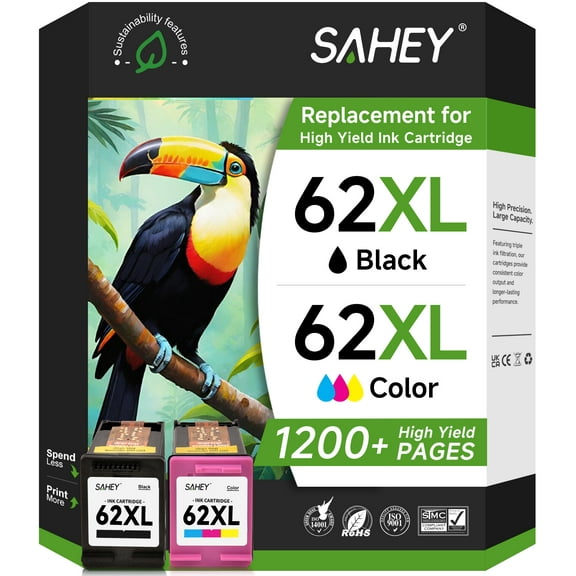 62XL Ink Cartridges Compatible for HP 62XL Ink Cartridge for Envy 5530 5540 5640 5660 7640 7645 Officejet 5740 8040 Series Printer ( 2-Pack，Tri-Color ，Black）