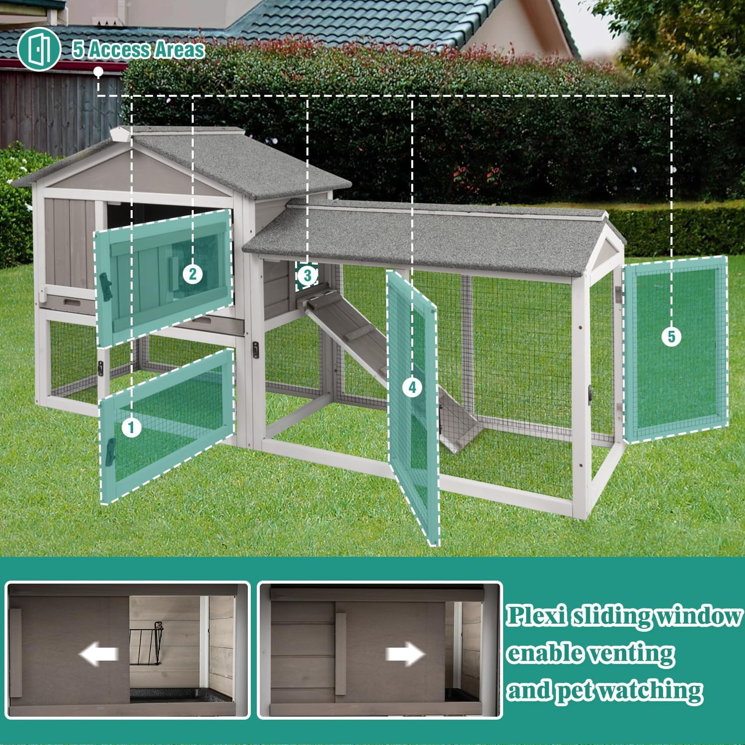 Rabbit Hutch Indoor Bunny Cage Outdoor Bunny Hutch with Pull Out Tray, Wooden Large Rabbit Cage with Run Weatherproof Roof, Guinea Pig Hutch (Grey, 55.1" L x 17.7" W x 33.4" H)