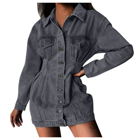 Gspmoly Women Dresses, Womens Color Lapel Pleated Long Sleeved Denim Dress Medium Length Jacket Cocktail Dresses Deals of The Day