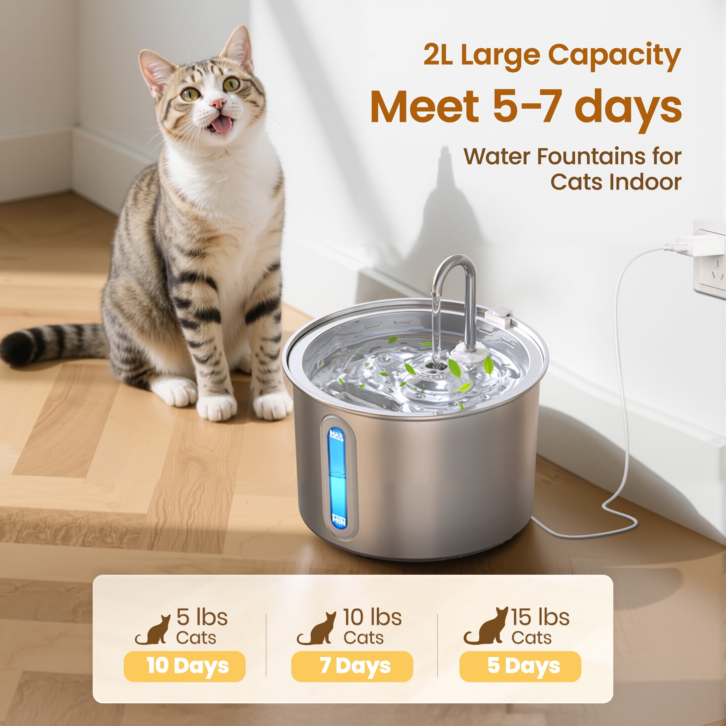 Oneisall PWF-001 304 Stainless Steel Cat Water Fountain, 2L Water Fountains for Cats Indoor - Silver