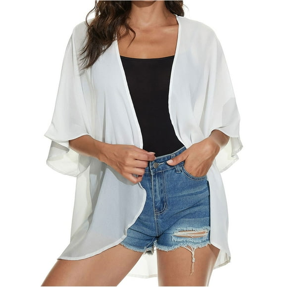 jsaierl Women's Solid Puff Sleeve Kimono Cardigan Loose Chiffon Cover Up Casual Blouse Tops