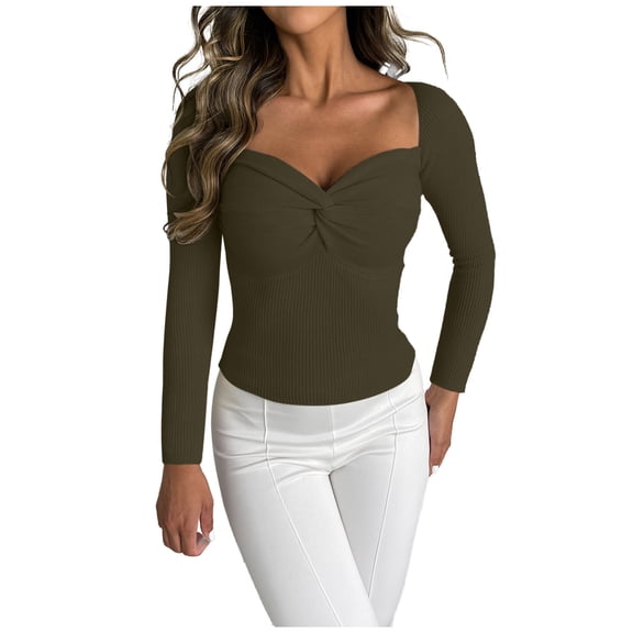 TrendVibe365 Basic Tees for Women 2024 Sweetheart Neck Pullover Long Sleeve Top Plain Tee Shirt Loose Ribbed Knit Outfits Casual Cute Tunic Warm Clothes Army Green S