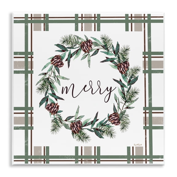 Stupell Industries Merry Wreath on Green Plaid Wall Plaque Art design by Elizabeth Tyndall, 12 x 12